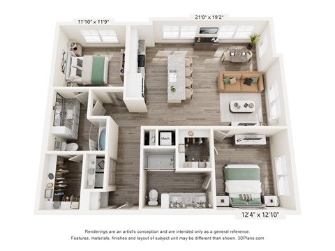 A 3D floor plan of a two-bedroom apartment.